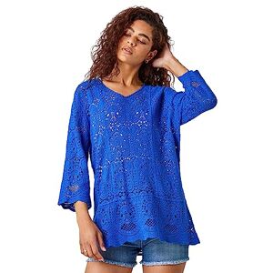 Roman Cotton Crochet Tunic for Women UK Ladies Cotton Lace Top Blouse Crinkle Embroidered Eyelet Broderie Anglaise Spring Summer Beach Holiday Cool Loose Jumper Cover Up - Royal Blue - Size 16