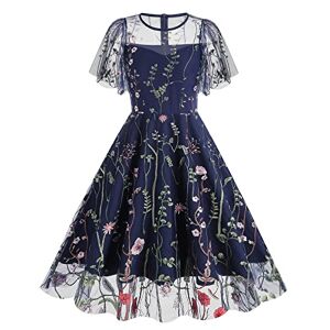 Cocktail Dresses for Women UK Summer Elegant 50s Vintage 1950s Sleeveless Embroidered Swing Midi Dress Ladies Wedding Guest Christmas Formal Evening Special Occasions Party Ball Gown Navy Blue #3 S