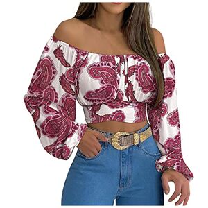 Women Blouse Shirt AMhomely Woman's Strapless Long Sleeve Print Off Shoulder Ruched Lantern Sleeve Crop Tops Vintage Work Shirt UK Size Hot Pink, XXL