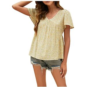 Rlehjn Women's Small Floral Tops V-Neck Pleated Tee Shirt Ruffle Sleeves Short Sleeve Spring Summer Fashion Casual Elegant Blouse Ruufle Hem Swing Tunic Loose Fit Plus Size Shirts Gold