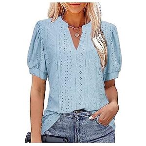 ASIYAN Tshirt Women's Short Sleeve Summer Top V-Neck Casual Summer Hollow Bubble Sleeve Loose Tops Casual Shirts Womens Casual (Color : Blue, Size : XL)