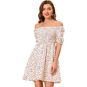 Allegra K Women's Heart Print Square Neck A-Line Smocked Off Shoulder Dress White 12