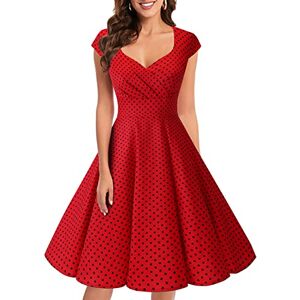 Bbonlinedress Women's 50s 60s A Line Rockabilly Dress Cap Sleeve Floral Vintage Swing Party Dress Red Small Black Dot L