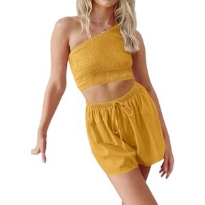 LCDIUDIU Womens Shorts Co Ord Sets Summer Sexy One Shoulder Tank Top, Rose Pink Elastic Slim Fit Backless Sleeveless Vest T-Shirt 2 Piece Outfit Lounge Wear Matching Sets For Holiday Beach Yellow Xl