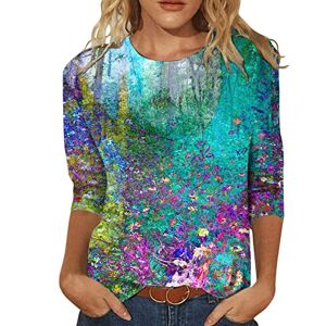 Cocila Tops for Women UK Casual Floral Three Quarter Sleeve Round Neck Tee Shirt Fashion Printed Flower Loose Side Split Blouse Tunic Summer Long Sleeve T Shirts Women