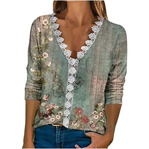 KUIH 3/4 Sleeve Shirts for Women Flower Print Casual Loose Lightweight Tops Lace V Neck Blouse Elegant Party Pullover Tunic T-Shirt Sweatshirts Summer Spring Blouses for Ladies UK Plus Size