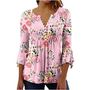 Kuih Womens Tunic Tops 3/4 Sleeves Ladies V Neck Flower Printed Top Casual Loose Comfy Breathe Blouse Elegant Button UP Pullover T-Shirt for Party Dance Office Size 8-16