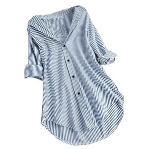 Haolei Striped Blouse for Women Long Sleeve Button Down Shirt Lapel Casual Cotton Tops Classic Elegant Loose Cardigan Fall Winter Jacket Ladies Office Work Tee Shirts Tunic Top Plus Size 22 Blue