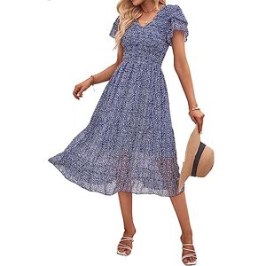 SYKT Women's Summer Boho Floral A-Line Dresses V Neck Short Sleeve Casual Mid-Long Dress Dark Blue