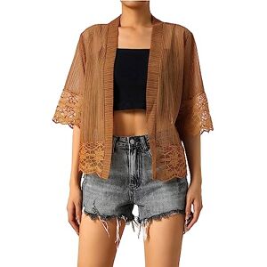 SANSIWU Women Lace Cardigan Shrug Crochet Knitted Short Sleeve Open Front Bolero Jacket Patchwork Mesh Sheer Knit Summer Beach Cover Up (A-Coffee, L)