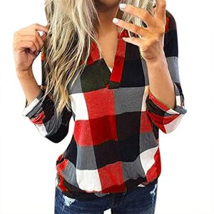 Skang Top for Women UK Plus Size Blouse Cotton Long Sleeve Plaid T Shirt Slim V-Neck Jacket Jumper Shirts Lightweight Pullover Red