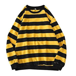 KaloryWee Summer Striped Oversized Sweatshirts Men Round Neck Lightweight Casual Pullover Long Sleeve Tops in Stripe, Yellow, XL