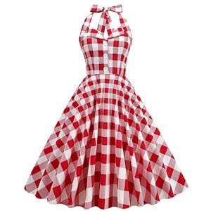 IMEKIS Women 1950s Vintage A Line Halter Neck Polka Dot Dress Sleeveless Cocktail Evening Retro Swing Dress Knee Length Wedding Party Ball Gown Summer Beach Sundress Red+White 01 M