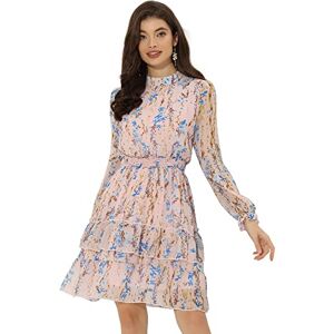 Allegra K Women's Floral Stand Collar Tiered Ruffle Hem Long Sleeve Chiffon Dress Pink XL