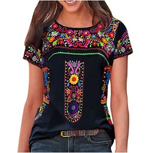Liebeimmer Women's Vintage Mexican Peasant Blouse Ethnic Boho Tops Traditional Floral Bohemian Tunic Summer Short Sleeve Shirt/UK Size/Shipping 7 Days Navy