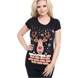 Miss Trendy Womens Ladies Christmas Glitter T Shirt Reindeer Santa Snowman Print Xmas Tops (S/M (UK Size 8-10).Black Behind The Wall Rudolph)