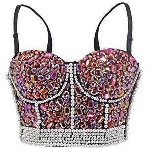 Bslingerie&#174; Madonna Style Metallic Studs Sequined Bustier Corset Bra Top (L, Red Crystals)