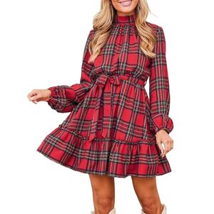 CUPSHE Women's A-Line Mini Dress Flowy Swing Ditsy Floral Print Long Sleeve Round Neck Smocked Fall Party Casual Dress Red Plaid XS