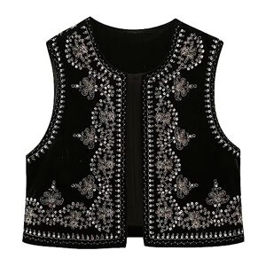 Xiximaon Women Y2K Embroidered Cardigan Vest Top Sleevelss Linen Open Front Blouse Crop Top Outwear Vest Summer Clothing