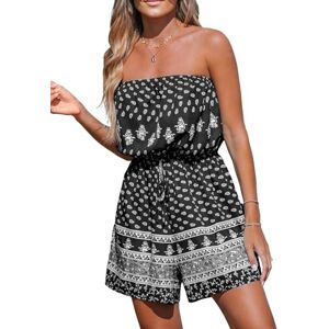 CUPSHE Womens Jumpsuit Strapless Floral Bandeau Romper Elastic Waist Wide Leg Summer Overall Black/White XL