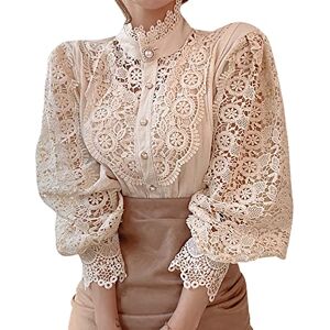 Febbabe Lace Blouse for Women Vintage Stand Collar Tops Casual Hollow Out Flower Patchwork Button Down Shirts Long Sleeve Loose Puff Blouse Apricot S