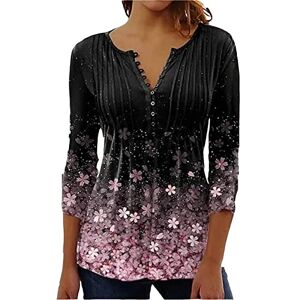 Ladies Summer Tops Womens 3/4 Sleeve Tops, Womens Tops Floral Dressy Casual Ladies Chiffon Blouses Women's Shirts Womens Linen Tops Tunics for Women UK Linen Blouses for Women UK(1-Black,L)