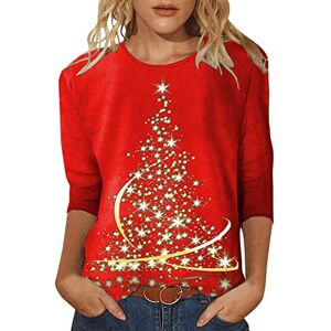 Dantazz Womens Daily Christmas Tree Print Crew Neck T Shirt O Neck Tops Three Quarter Sleeve Round Neck Tee Shirt Printed Flower Loose Side Split Blouse Tunic Mesh Long Sleeve Top (b-Red, L)