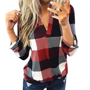 YEBIRAL Tops for Women Plus Size Pullover Casual Cotton Long Sleeve Plaid Shirt Slim Shirt Wine