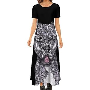 Songting Junior Ethnic Bulldog Women's Summer Casual Short Sleeve Maxi Dress Crew Neck Printed Long Dresses S