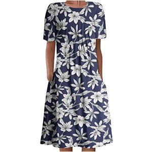 AMhomely Womens Summer Dress Short Sleeve Round Neck Midi Dress Pleated Swing Dress Floral Print Boho Dress Holiday Beach Sundress Skater Dress T Shirt Dress, 14, Z84 Dark Blue