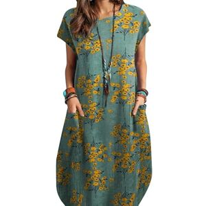 ZANZEA Women Summer Dresses Cotton Linen Dress Plus Size Short Sleeve Baggy Printed Casual Midi Dresses with Pockets 01-Green L