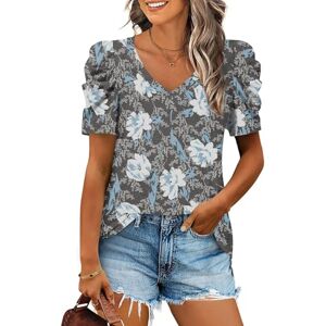 Anydeer Womens Tunic Top Summer T-Shirt Casual Short Puff Sleeve Fashion Blouses, 3XL, V-Neck White Lily