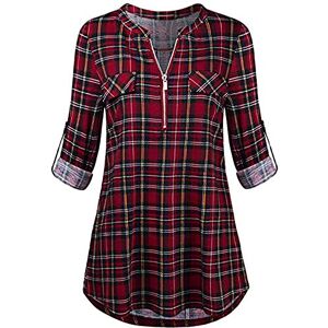 CHAOEN Women Zip Up Plaid Tunic Blouse Rolled Up Sleeve Polo Top Check V Neck Shirts Casual Work Tops for Autumn Winter Red