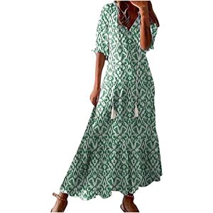 Women's Summer Dress V Neck Boho Maxi Dresses Casual Half Sleeve Long Dress Bohemian Pleated Beach Dress Ladies Flowy Holiday Swing Loose Fit Dresses for Party Evening