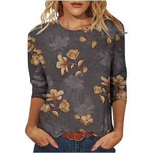 Amhomley Women Long Sleeve Tunic Shirts AMhomely Tops for Women UK Plus Size Elegant 3/4 Sleeve Round Neck Tops Blouses Lighweight Streetwear Floral Print Loose Fit Comfy T Shirts Fitness Golf Shirt 234 Brown XL