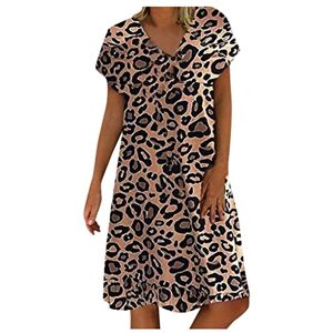 Janly Clearance Sale Womens Casual Dress, Women Casual Boho Leopard Print Dress V Neck Short Sleeve Loose Vacation Dress for Holiday