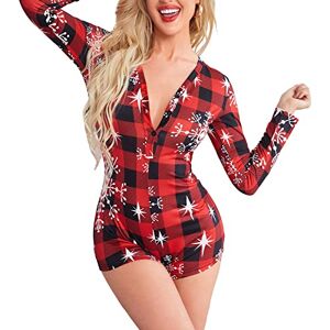 FeMereina Women's Christmas Long Sleeve Short Jumpsuit Button Down V Neck Xmas One Piece Bodysuit Club Tank Romper Overall Pajama (Red Plaid#1, XXL)
