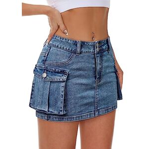 Mancreda Women Denim Cargo Skirt Mini Low Waist Button Bodycon Y2K Flap Pockets Skirts, S01-medium Wash, M