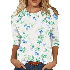 Yaheyuan Summer Fashion Women's Tops Commuting Daily T-Shirts Round Neck Three Quarter Sleeve Tops Cute Floral Print Pattern A-White