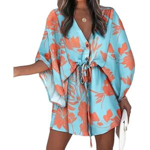 KINZE Beach Cover-Up V Neck Bell Sleeve Blouse Women'S Navy Loose Tie-Up Holiday Beach Summer Dress Beach Wear-3-Xxl