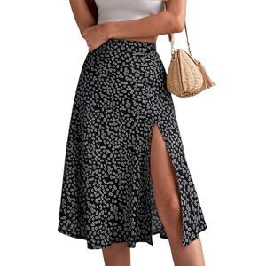 GORGLITTER Women's Ditsy Floral Skirt Split Thigh Boho Midi Skirt High Waisted Swing Flowy Summer Skirts Black L