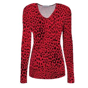 Pretty Attitude Women's Long Sleeve Brown Leopard Print Top V Neck Ladies Stretch Viscose T Shirt (Red Leopard, 14)