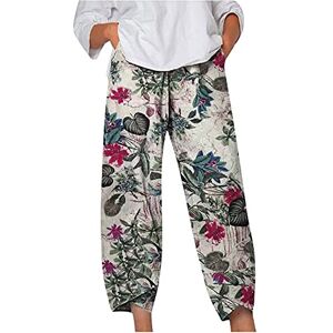 Yolimok Linen Trousers Womens Summer Casual High Waist Harem Trousers Boho Retro Wide Leg Capri Hippie Elasticated Waist with Pockets Holiday Beach Flowy Pants Sale Clearance Purple