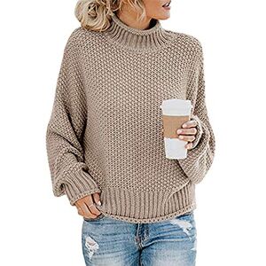 MINTLIMIT Women Casual Knit Oversized Baggy Long Pullover Knitted Plain Sweater Jumper Tops Shirt (Khaki, X-Large)