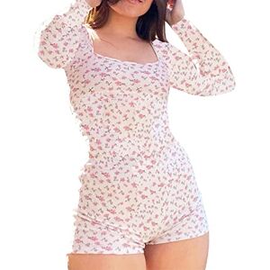 Snaked cat Y2k Long Sleeve One Piece Bodysuit V Neck Bodycon Floral Print Shorts Stretchy Pajama Onesie Rompers Jumpsuit (as8, Alpha, m, Regular, Regular, Pink)