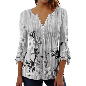 Kuih Womens Tunic Tops 3/4 Sleeves Ladies V Neck Flower Printed Top Casual Loose Comfy Breathe Blouse Elegant Button UP Pullover T-Shirt for Party Dance Office Size 8-16