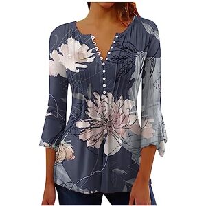 Kuih Womens Tunic Tops 3/4 Sleeves Ladies V Neck Flower Printed Top Casual Loose Comfy Breathe Blouse Elegant Button UP Pullover T-Shirt for Party Dance Office