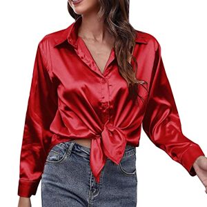Clearance!Hot Sale!Cheap! Women's Satin Blouse Puff Sleeve Point Collar Vintage Button Up Shirt Long Sleeve Button Down Stretch Satin Shirts
