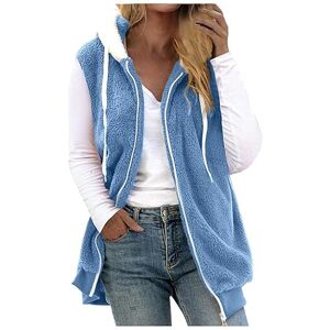 Womens Winter Coats Deals Of The Day AMhomely Womens Fuzzy Sherpa Fleece Jacket Lightweight Vest Fall Winter Sleeveless Coat Zip Up Warm Jackets Outerwear With Pockets Winter Retro Gilets Ladies Girls Elegant Casual Outwear