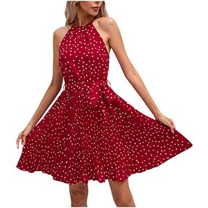 Womens Halterneck Summer Dress UK Clearance Ladies Elegant Sleeveless Midi Dress with Belted Boho Polka Dot Print Knee Length Dresses Work Office Formal Chiffon Dress Party Beach Holiday Dresses Red